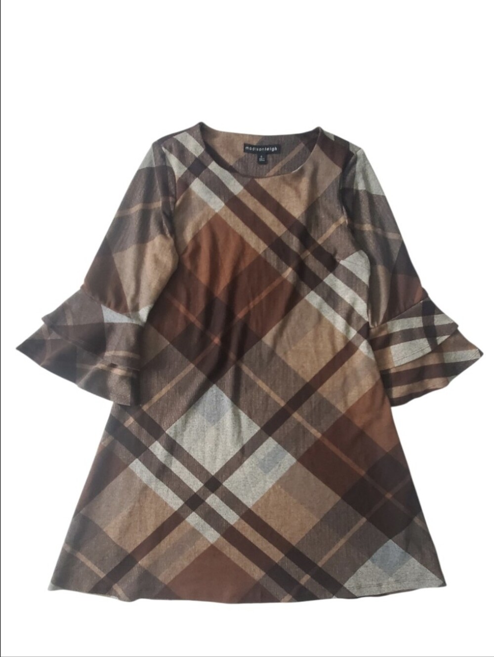 Madison Leigh Brown Plaid Three-Quarter Ruffle Sleeve Dress